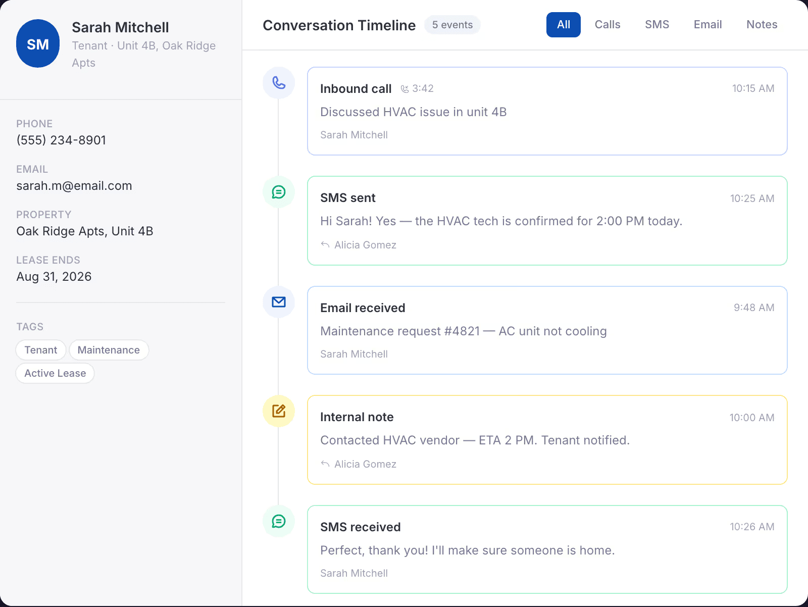 LeadSimple Phone + Inbox contact communication timeline