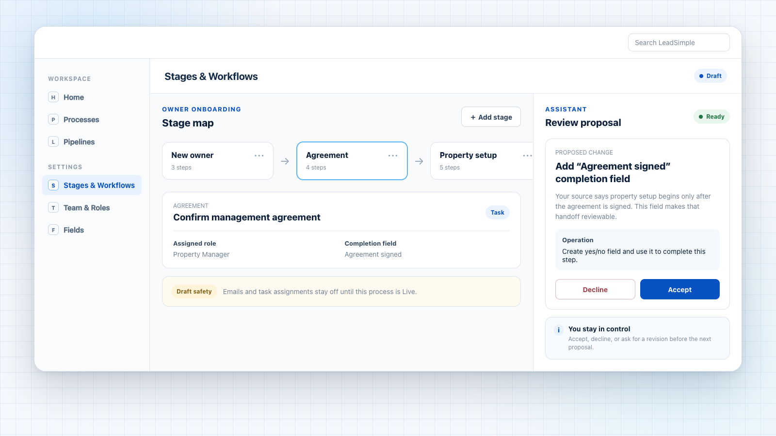 A LeadSimple workflow proposal beside the stage editor with Accept and Decline controls