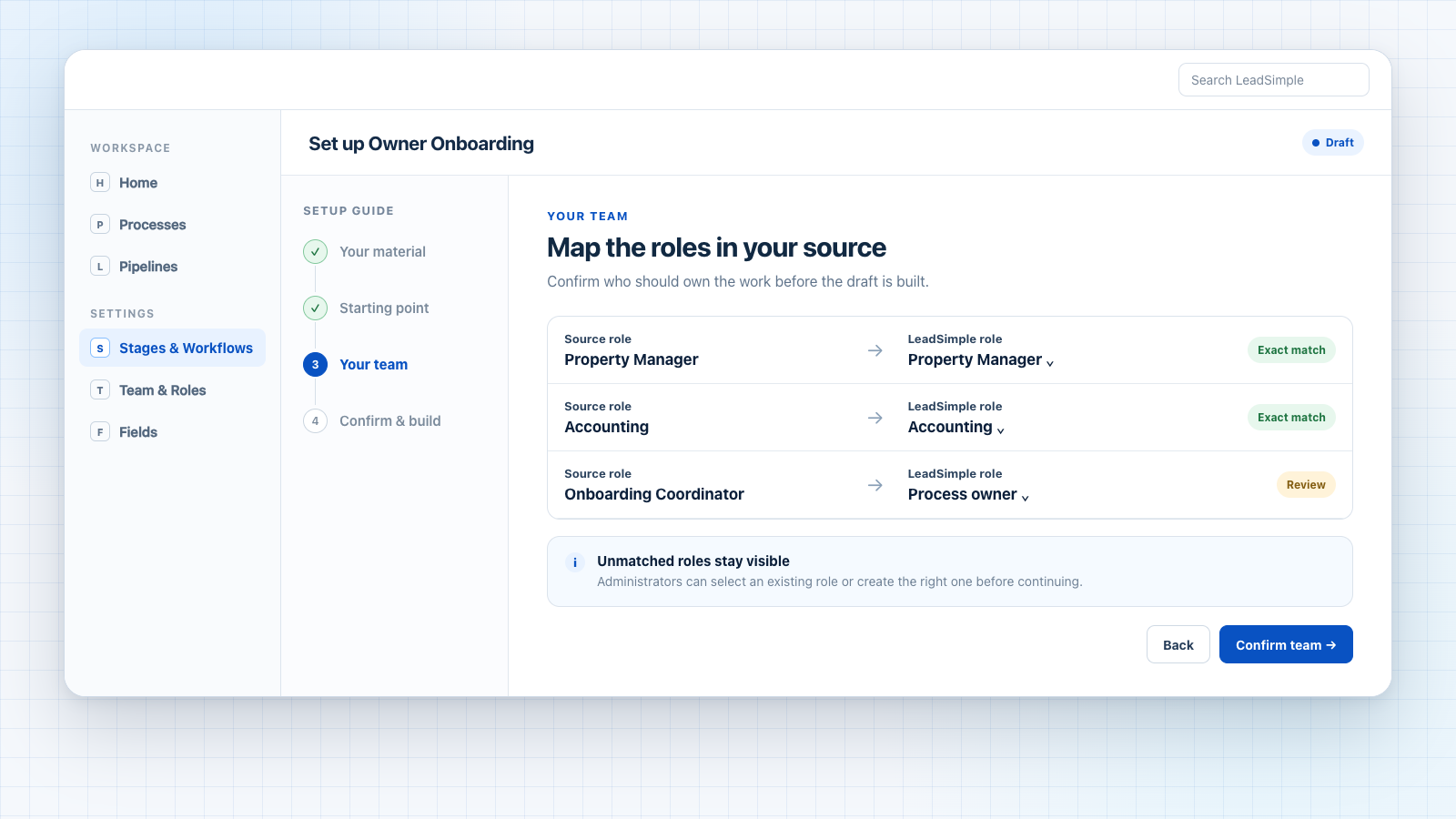 Source roles mapped to existing LeadSimple team roles before a workflow is built
