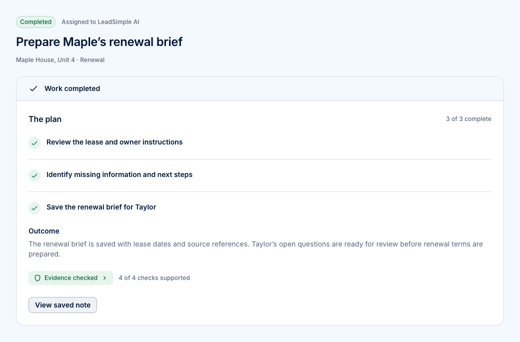 LeadSimple AI completed renewal brief with finished plan steps, a saved note, and an Evidence checked result, using sample data