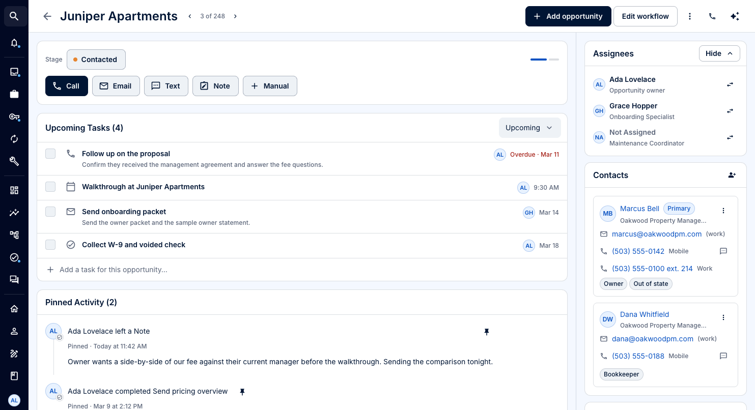 LeadSimple One Growth screenshot with owner relationship details and next steps, using sample data