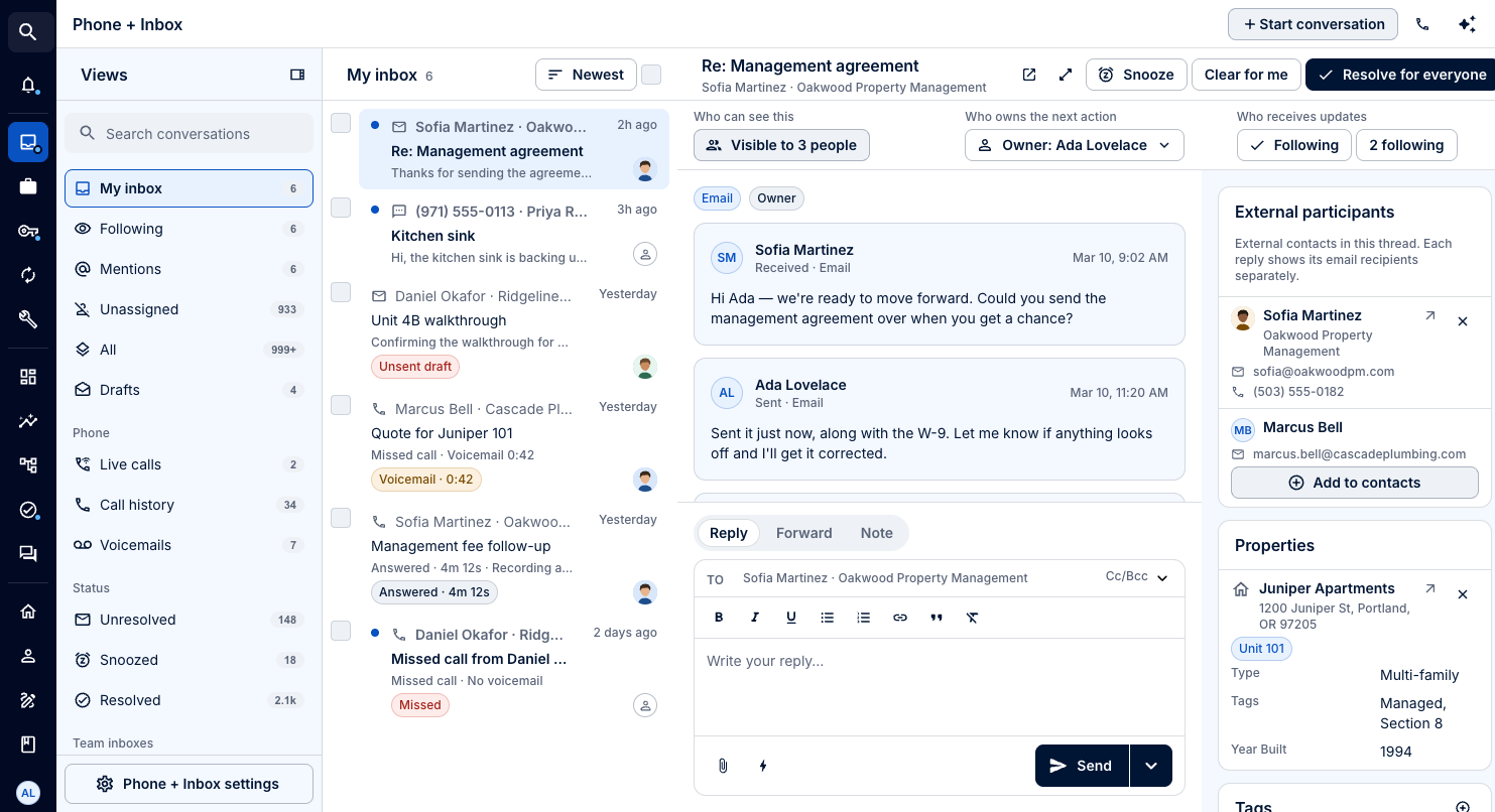 LeadSimple One shared Inbox with conversations, an assigned teammate, and relationship context, using sample data