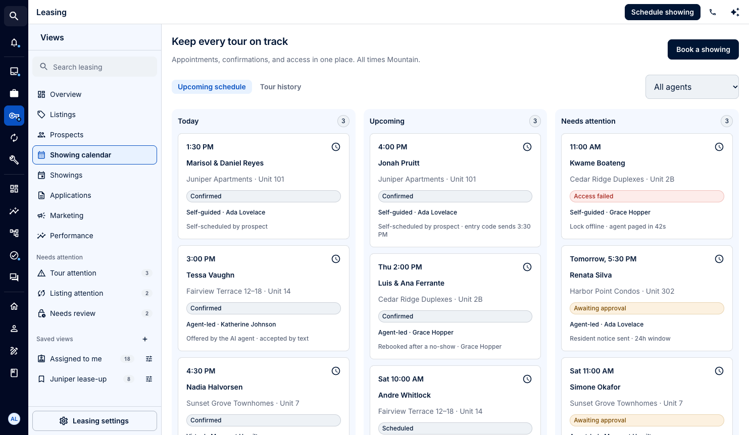 LeadSimple One Leasing calendar screenshot with scheduled tours, responsible agents, and showings that need attention, using sample data
