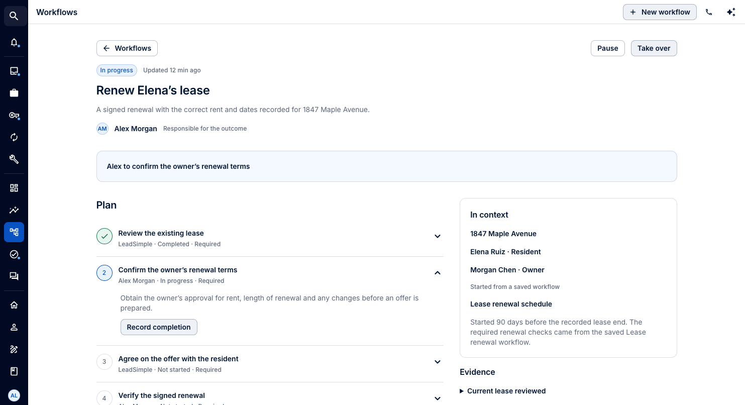 LeadSimple One lease renewal workflow with a responsible teammate, plan steps, owner approval, and related property and resident, using sample data
