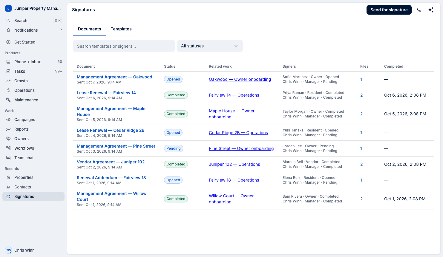 LeadSimple Signatures showing management agreements, signer progress, and related owner-onboarding work, using sample data.