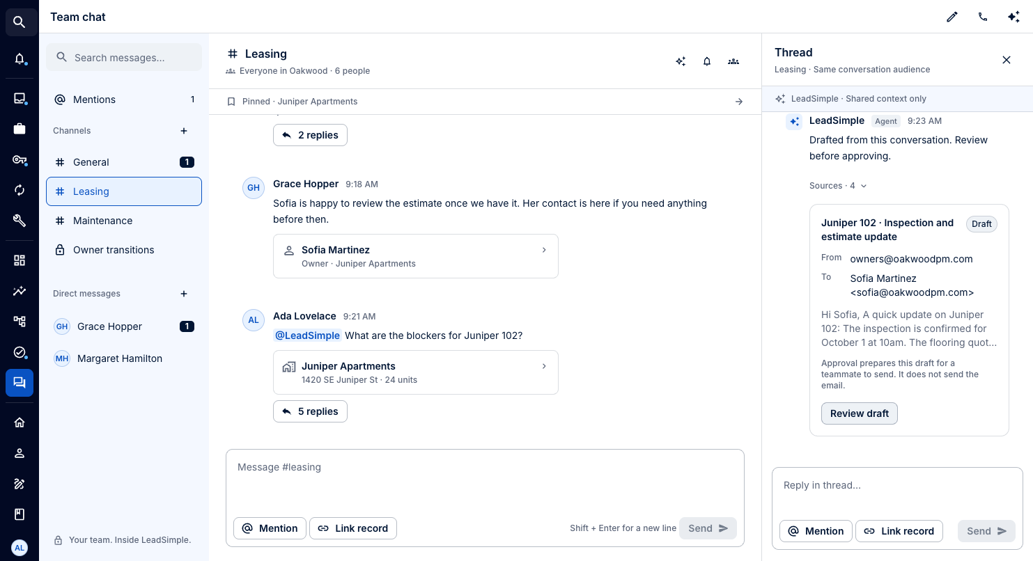 LeadSimple One Team Chat screenshot with teammates collaborating in a shared conversation, using sample data